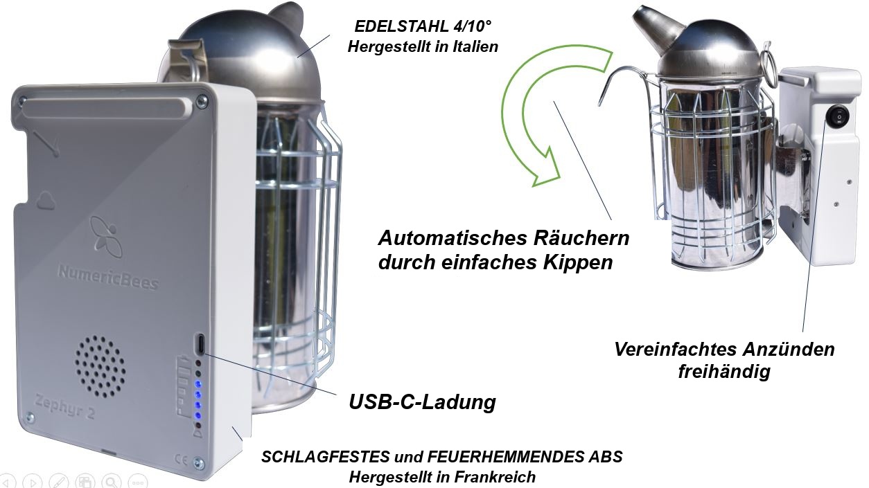 Zephyr, der Bienen Smoker mit elektrischem Gebläse, räuchert durch einfaches Kippen.