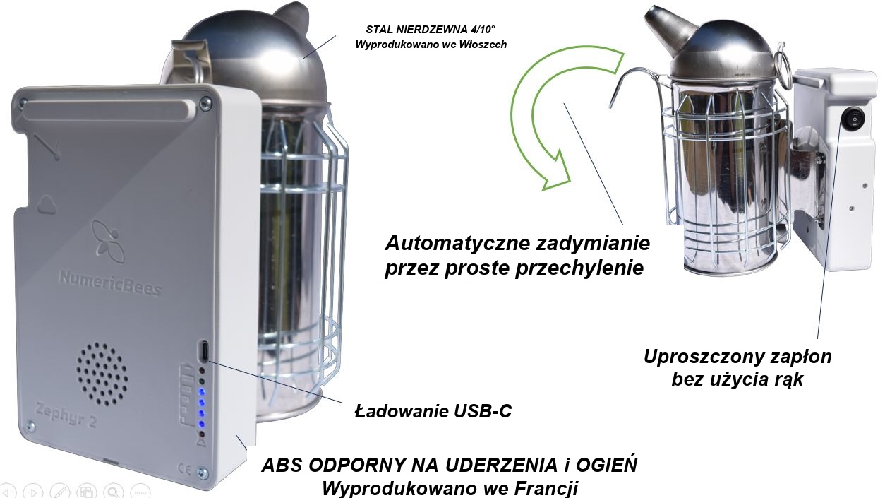 Zephyr, podkurzacz pszczół z dmuchawą elektryczną, pali poprzez proste przechylenie.